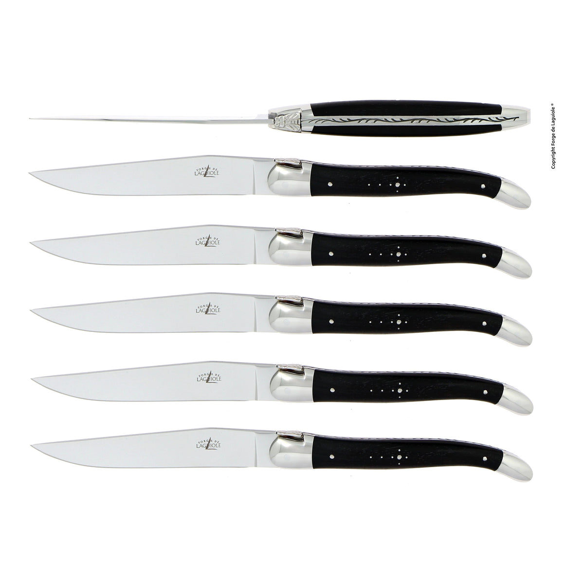 Couteau de table, mitre inox brillant, Ébène – Laguiole Par 6 - Laguiole - Couteau à steak - T6 2M IN EB BRI - par 6 - La Guilde Culinaire