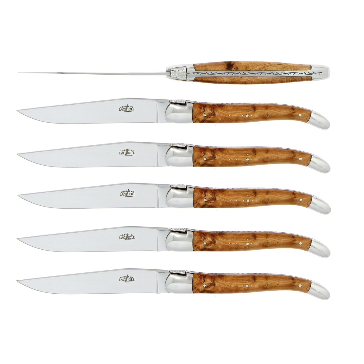 Coffret de 6 couteaux de table, manche en bois, mitre inox brillant – Laguiole Genévrier - Laguiole - Couteau à steak - 00004557 - T6 2M IN GE BRI - La Guilde Culinaire