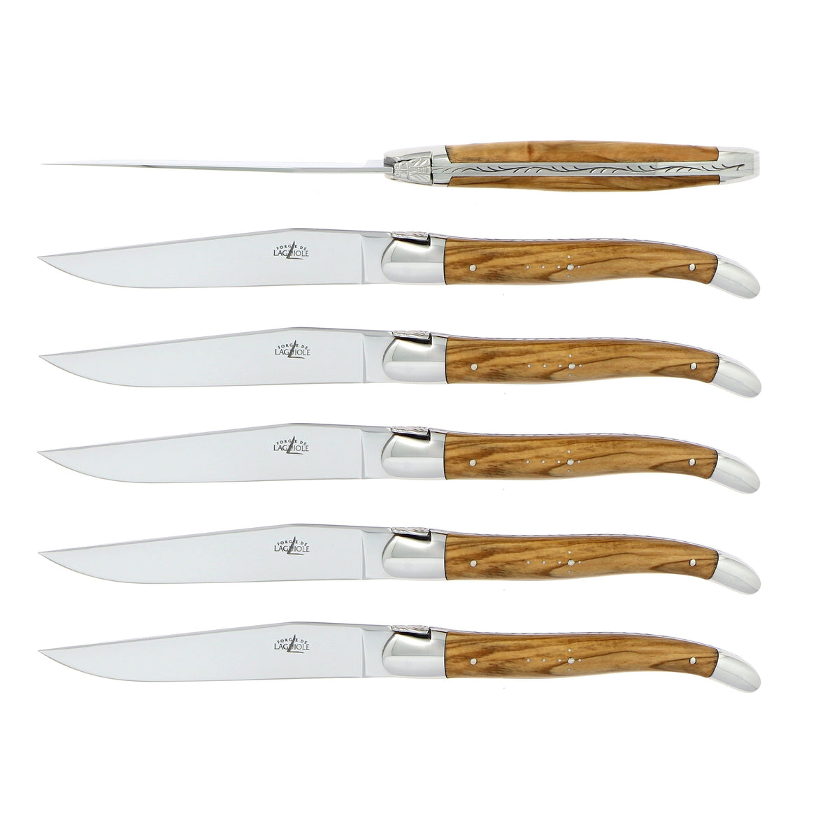 Coffret de 6 couteaux de table, manche en bois, mitre inox brillant – Laguiole Olivier - Laguiole - Couteau à steak - 00004563 - T6 2M IN OL BRI - La Guilde Culinaire