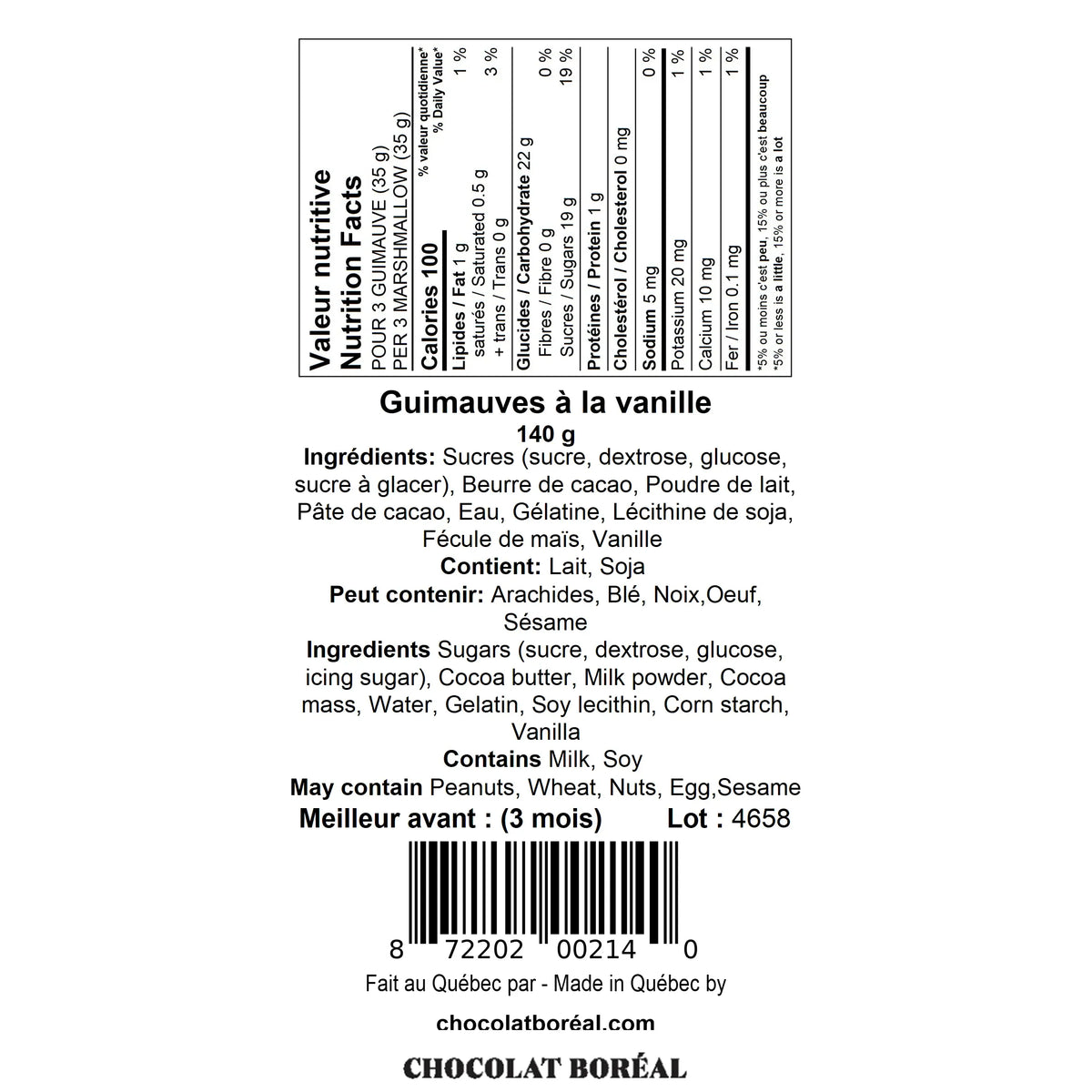 Guimauves Lait - Vanille - Chocolat Boréal - Chocolat - - La Guilde Culinaire