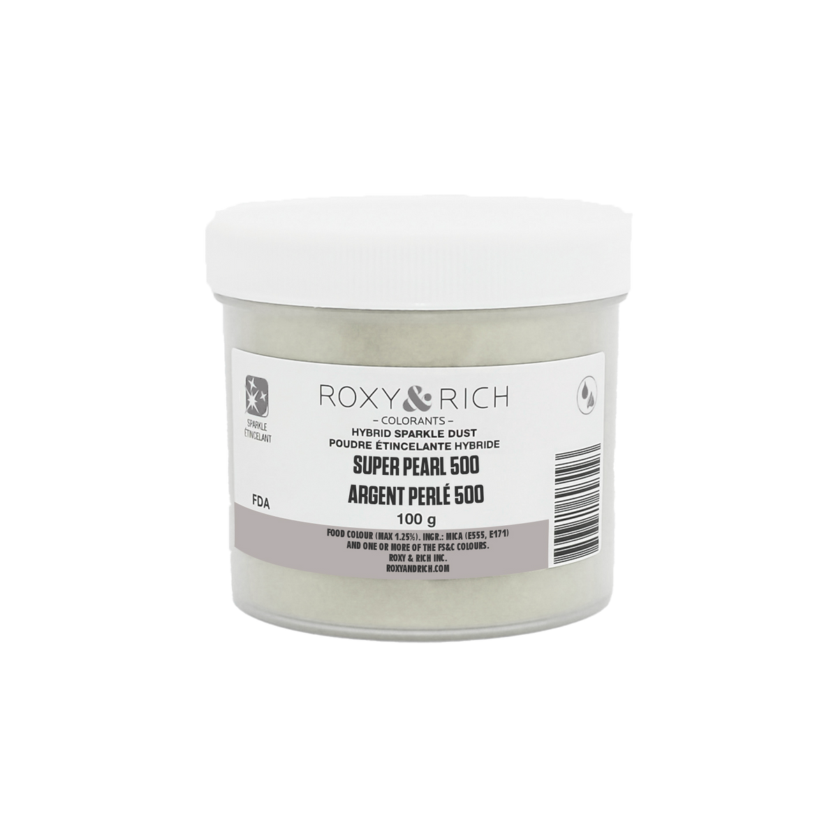 Poudre perlée étincelante hybride Argent Perlé 500 100g - Roxy & Rich - Poudre étincelante - SP100-009 - La Guilde Culinaire