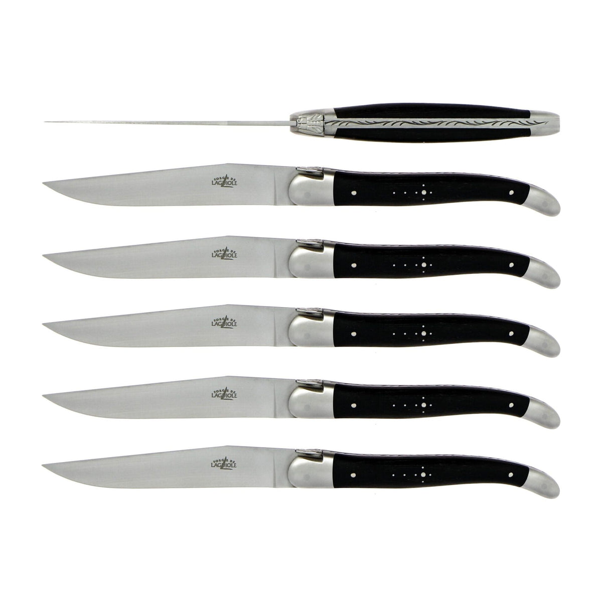 Couteau de table, mitre inox mat, Ébène – Laguiole Par 6 - Laguiole - Couteau à steak - 00004511 - T6 2M IN EB SAT - La Guilde Culinaire