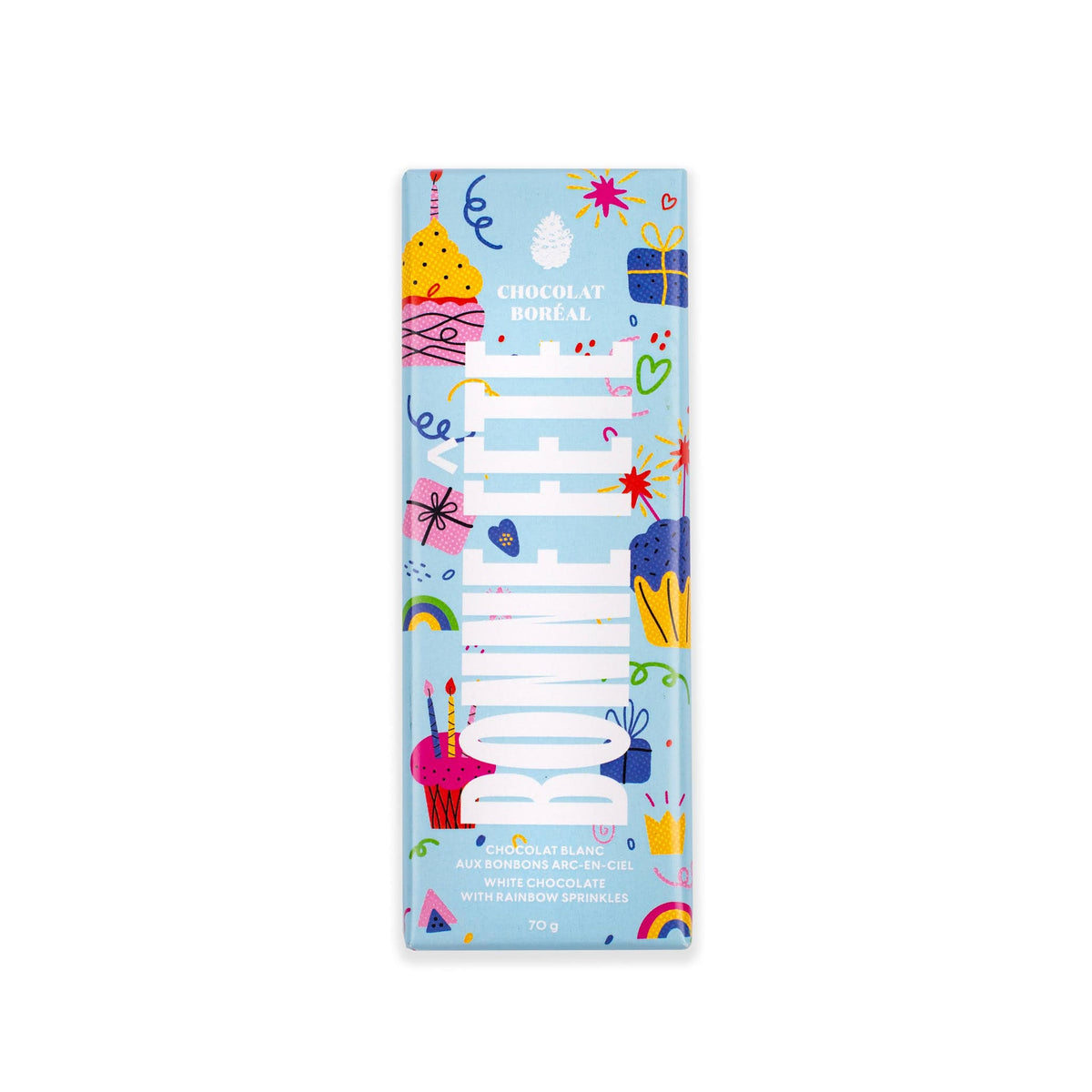 Tablette de chocolat Bonne fête BLANC - Bonbons arc-en-ciel - Chocolat Boréal - Tablette de chocolat - - La Guilde Culinaire