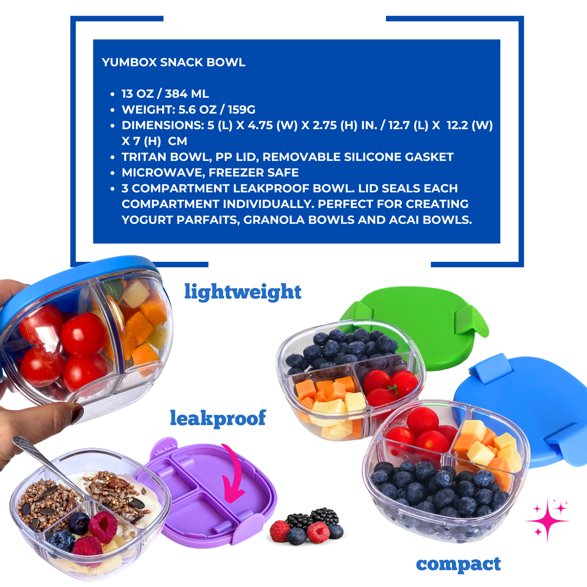Bol à collations étanche avec 3 compartiments - Bleu marine - Yumbox - Boîte à repas - - La Guilde Culinaire