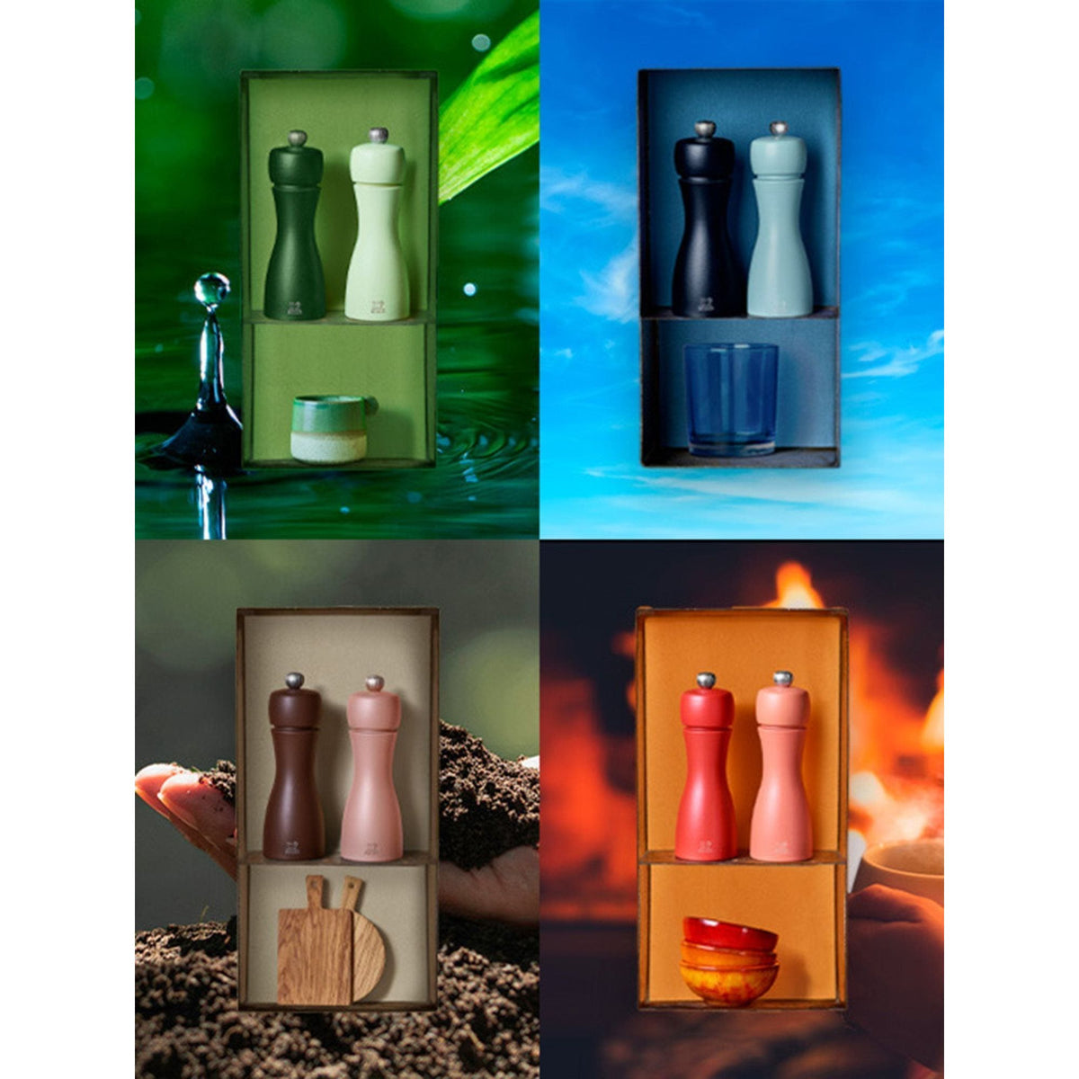 Duo de moulins à poivre et à sel manuels en bois 15 cm - "Tahiti Feu"    - Peugeot - Moulin à poivre, sel, et épices -  - La Guilde Culinaire