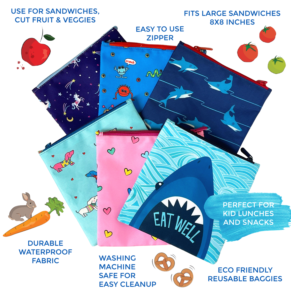 Lot de 2 sacs à sandwich réutilisables - Requin pacifique et monstres - Yumbox - Boîte à repas - - La Guilde Culinaire
