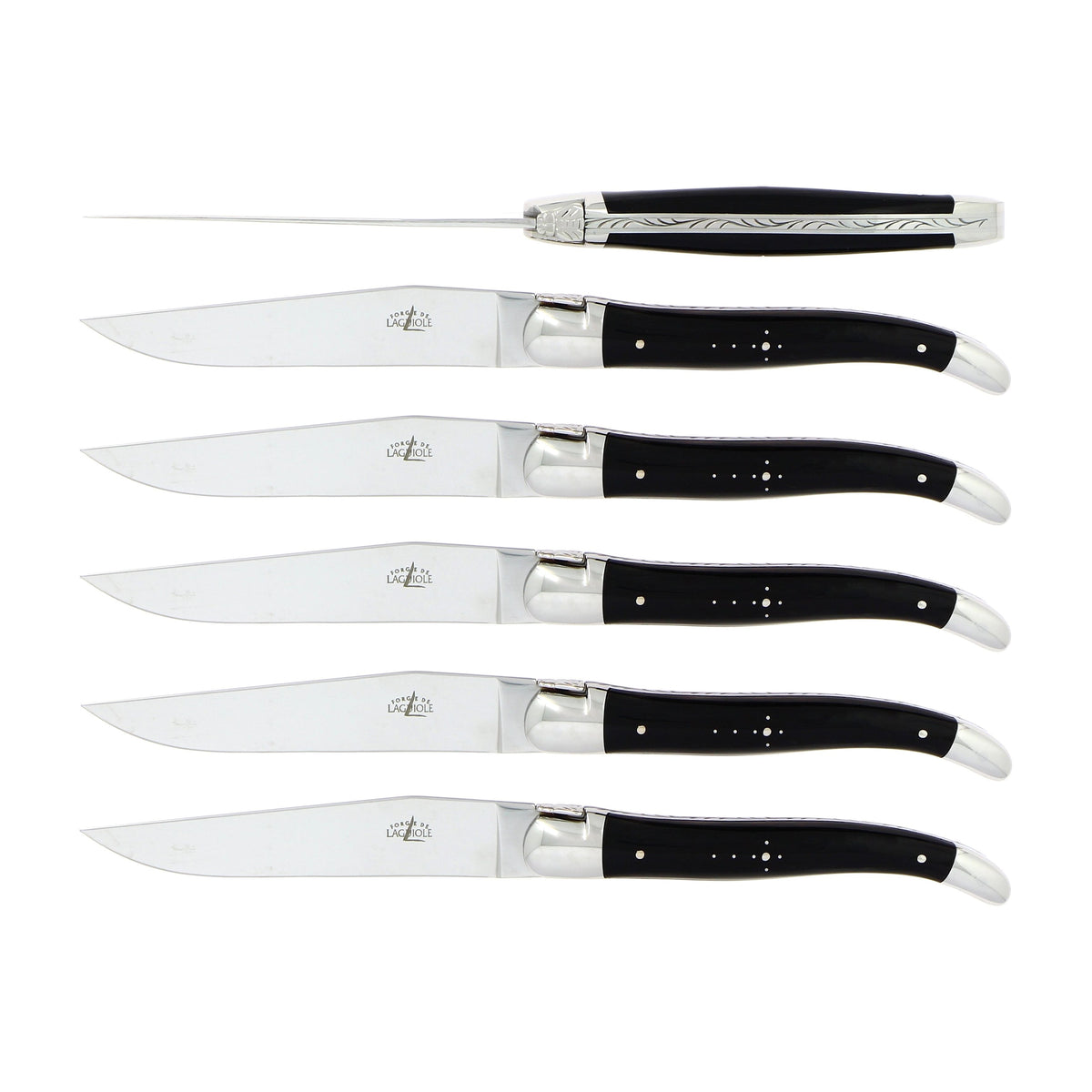 Coffret de 6 couteaux de table, mitre inox brillant, Pointe de corne foncée – Laguiole - Laguiole - Couteau à steak - - La Guilde Culinaire