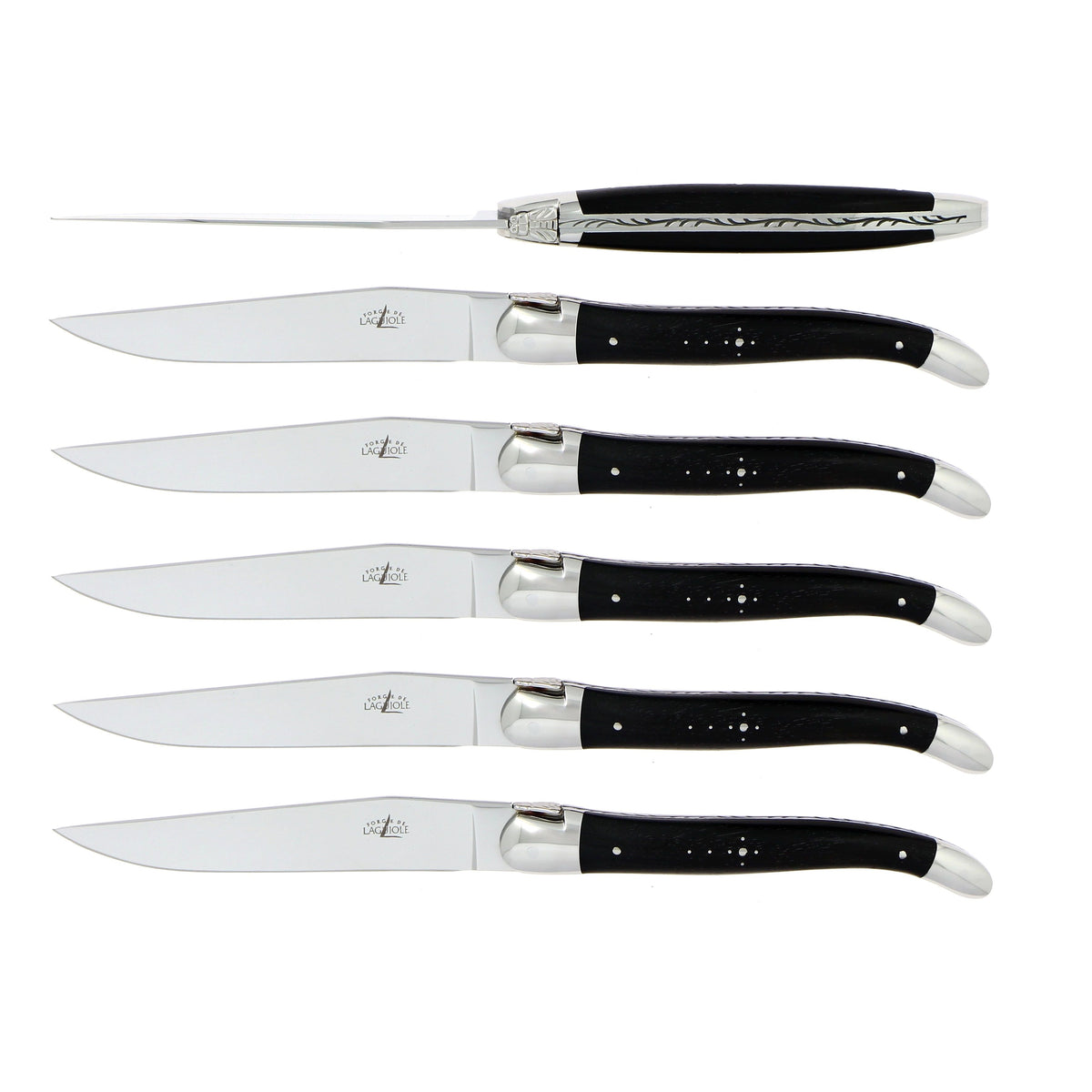 Coffret de 6 couteaux de table, manche en bois, mitre inox brillant – Laguiole Ébène - Laguiole - Couteau à steak - 00004554 - T6 2M IN EB BRI - La Guilde Culinaire