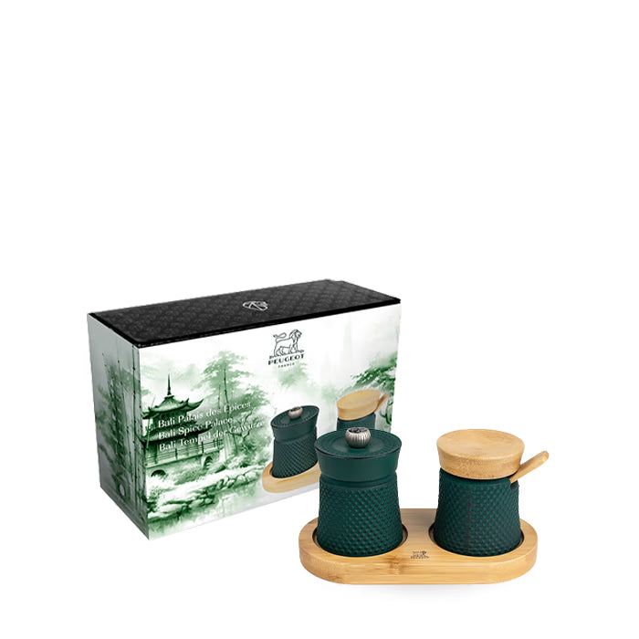 Moulin à poivre Bali fonte et sa coupelle à sel Vert forêt - Peugeot - Moulin à poivre, sel, et épices - 48457 - La Guilde Culinaire