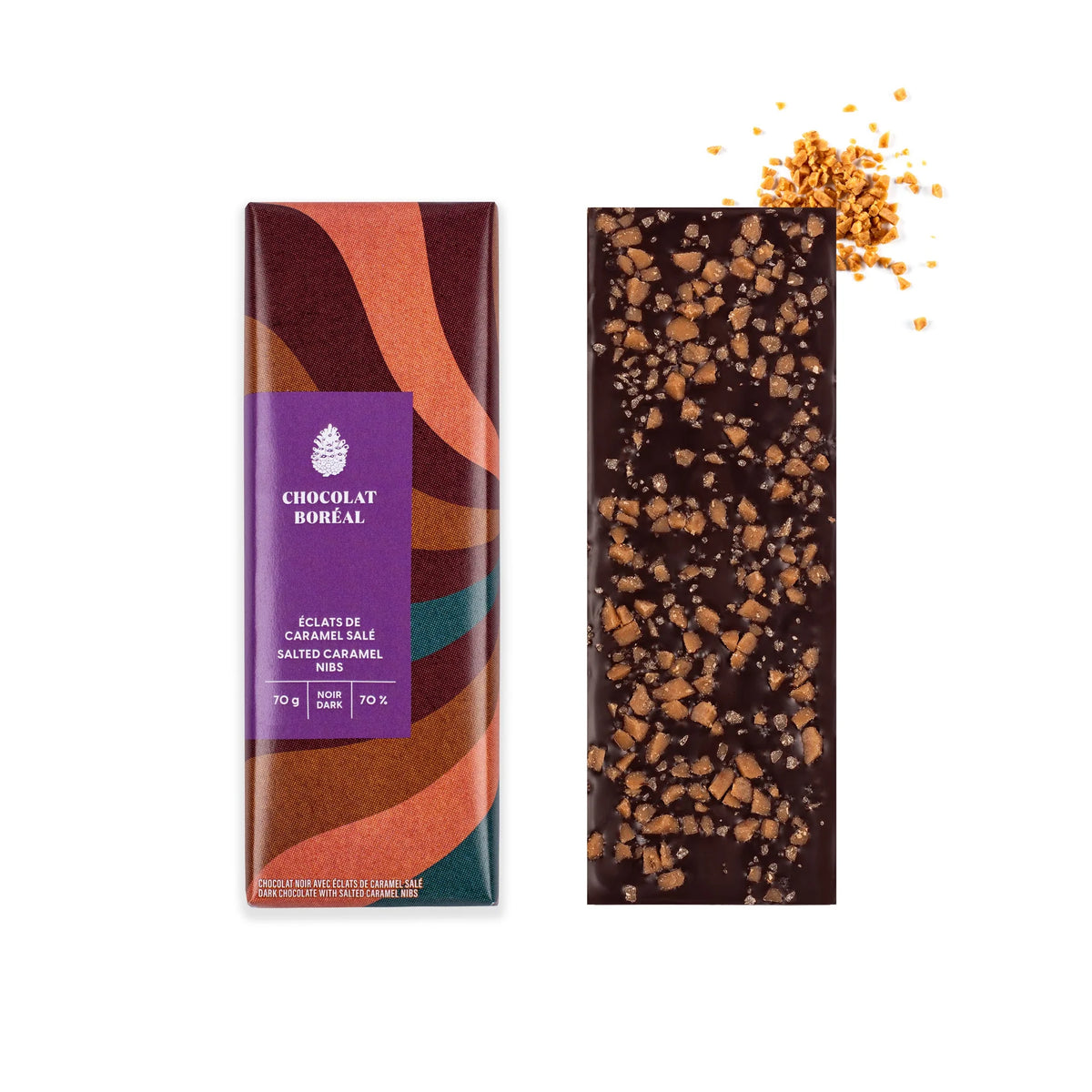 Classique Noir - Éclats de caramel salé (70g) - Chocolat Boréal - Tablette de chocolat - - La Guilde Culinaire