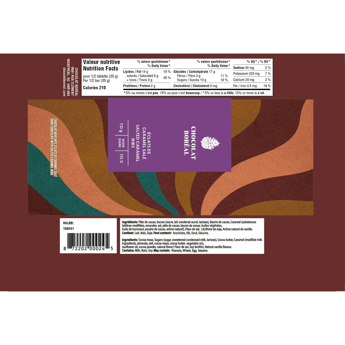 Classique Noir - Éclats de caramel salé (70g) - Chocolat Boréal - Tablette de chocolat - - La Guilde Culinaire