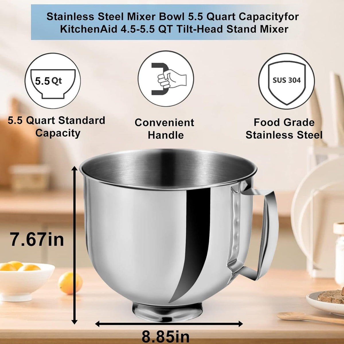 Bol en acier inoxydable poli de 5 pintes avec poignée pour KitchenAid    - Kitchenaid - Bol batteur sur socle -  - La Guilde Culinaire