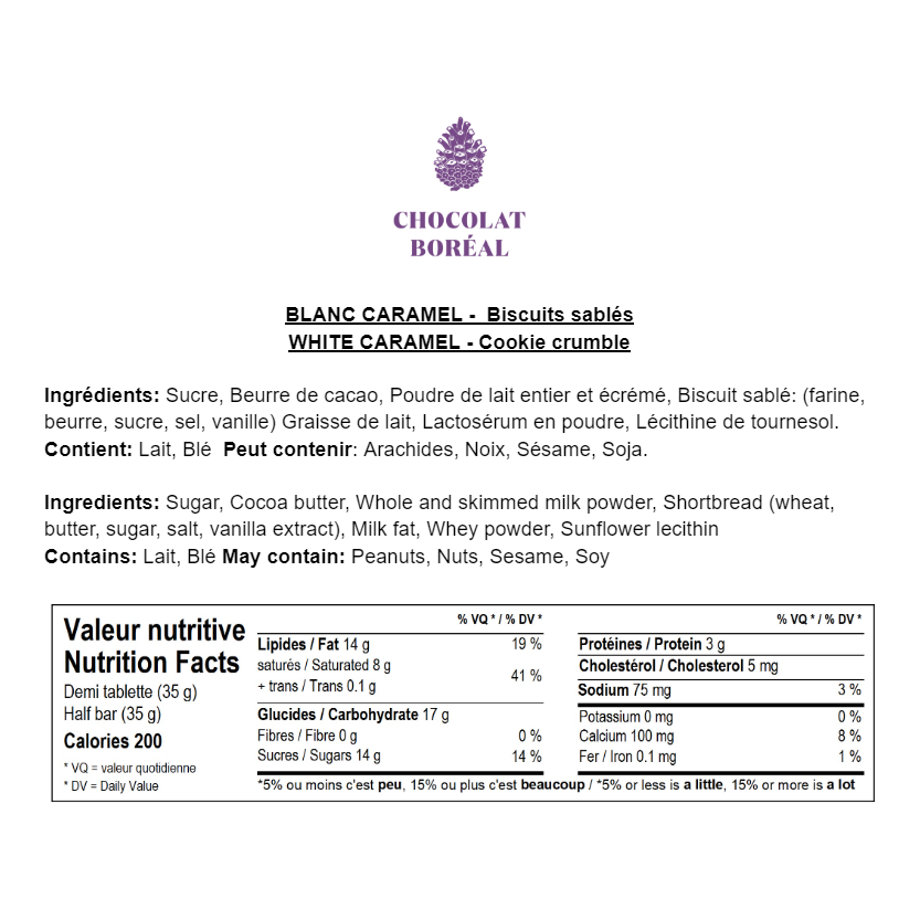 Tablette chocolat Gourmande BLANC - Caramel / sablé    - Chocolat Boréal - Tablette de chocolat -  - La Guilde Culinaire
