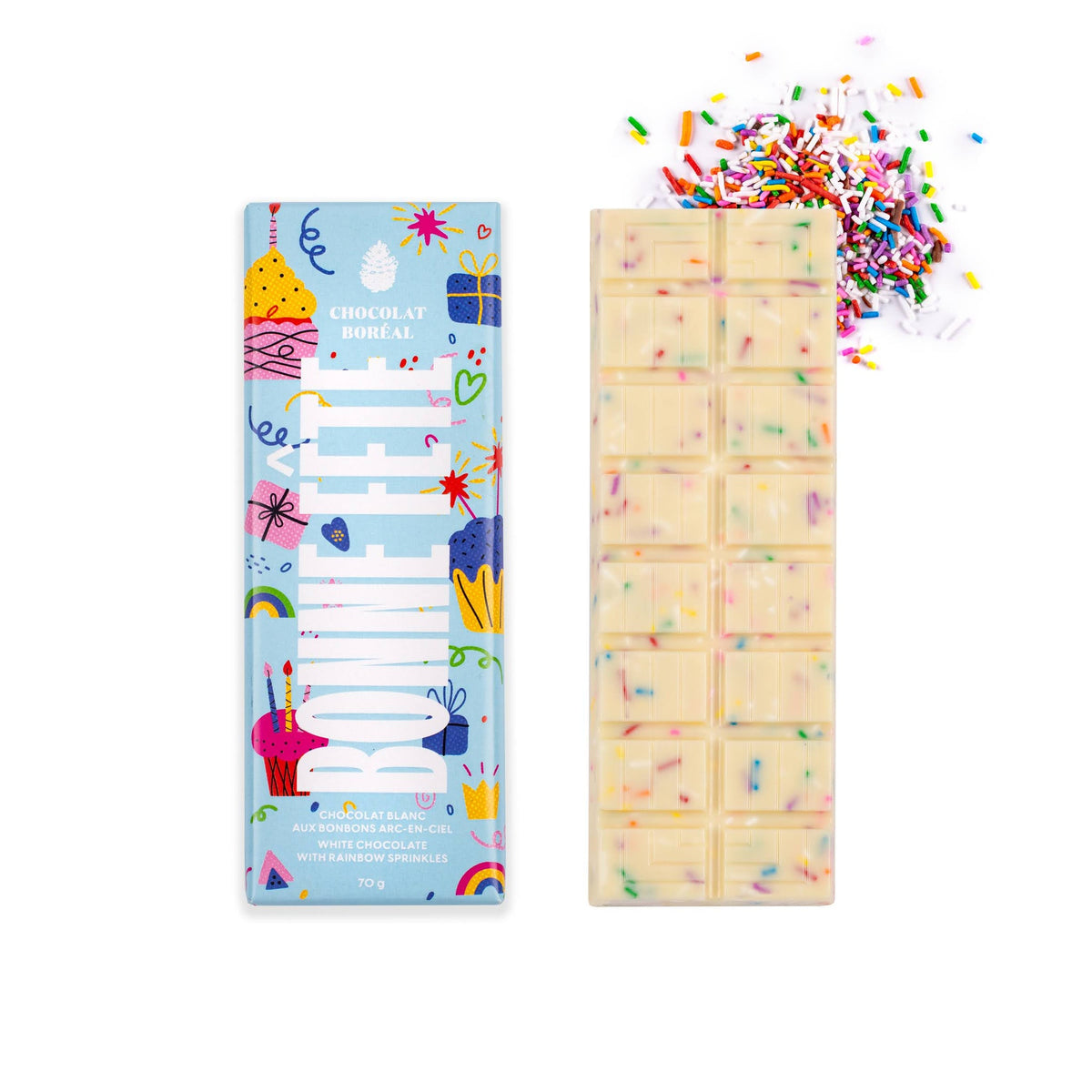 Tablette de chocolat Bonne fête BLANC - Bonbons arc-en-ciel    - Chocolat Boréal - Tablette de chocolat -  - La Guilde Culinaire
