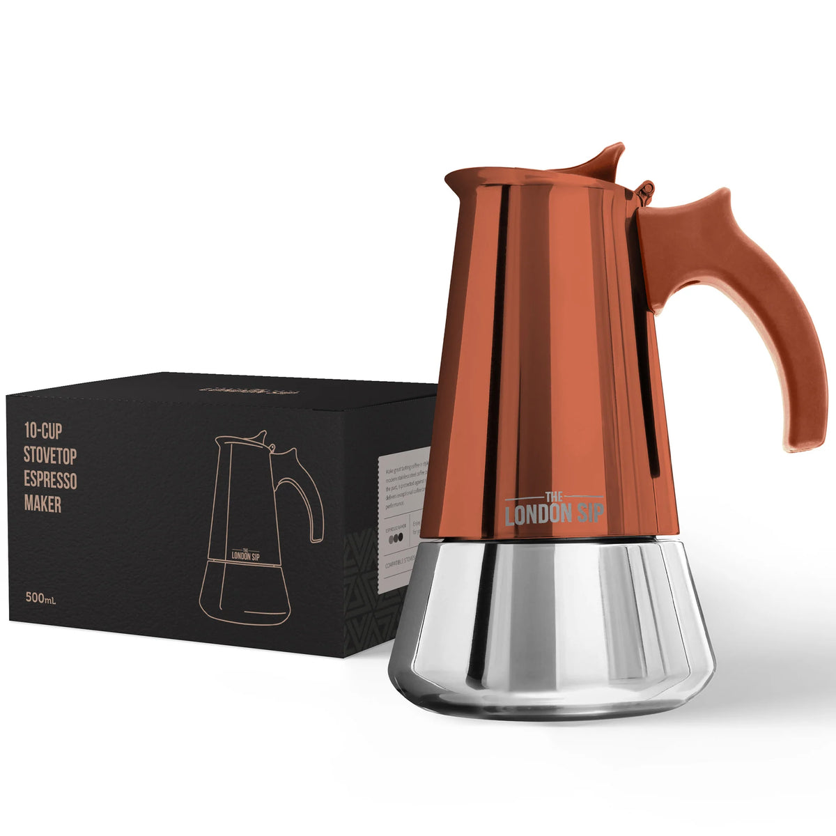 Machine à espresso 10 Tasses en acier inoxydable pour cuisinière Copper   - The London Sip Company - Cafetière italienne - EM10C - La Guilde Culinaire